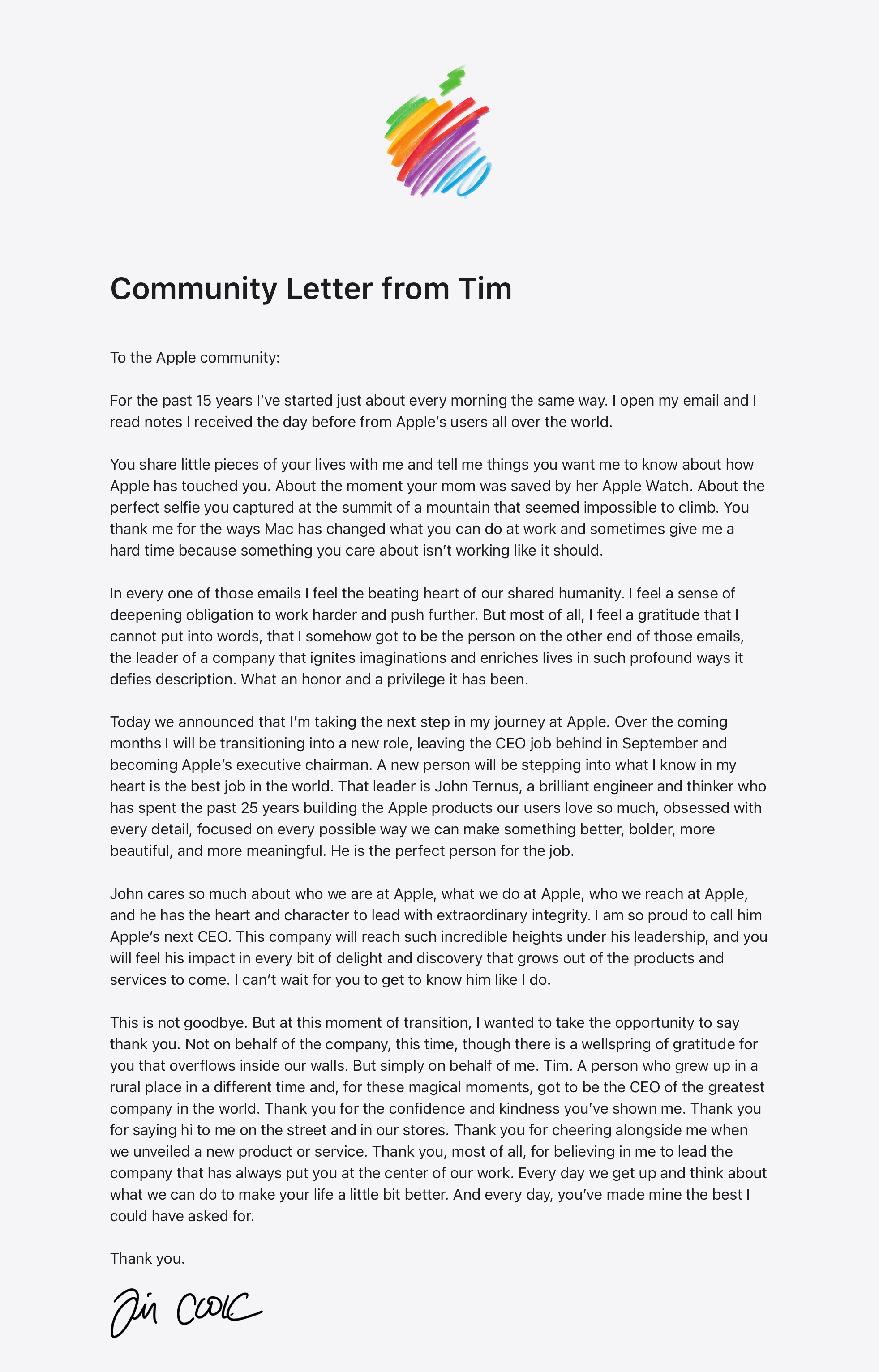 Tim Cook Letter